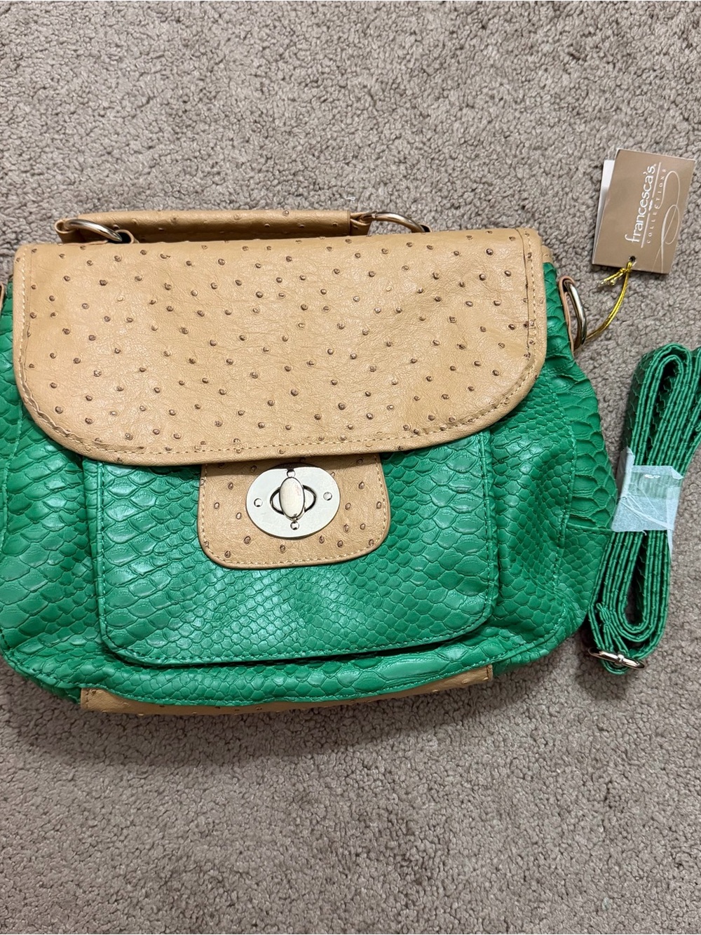 NWT Francesca's Collections Green & Tan Textured Crossbody Bag